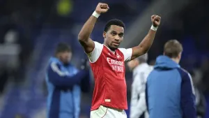 Arsenal’s Jurrien Timber celebrates victory over Everton (Peter Byrne/PA)