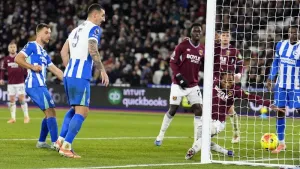 Joel Veltman, left, earned a point for Brighton at West Ham (Jordan Pettitt/PA)
