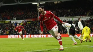 Wrexham’s Kieffer Moore celebrates his second goal against Sheffield United (PA)