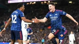 Arsenal’s Viktor Gyokeres (right) was amongst the goals in a convincing win (Mike Egerton/PA)