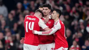 Arsenal’s Kai Havertz (centre) celebrates after scoring his side’s second goal (Bradley Collyer/PA)