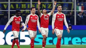 Gabriel Jesus, centre right, celebrates scoring Arsenal’s second goal against Inter (Fabrizio Carabelli/PA)