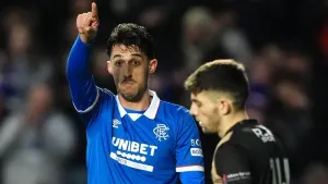 Rangers’ Bojan Miovski (left) celebrates scoring his second goal against Annan (Andrew Milligan/PA)