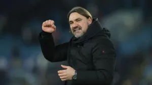 Leeds manager Daniel Farke celebrates the win over Fulham (Richard Sellers/PA)