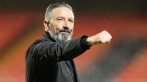 Derek McInnes celebrates victory at Tannadice (Steve Welsh/PA)