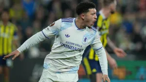 Jadon Sancho got his first Aston Villa goal since arriving on loan from Manchester United (Francisco Seco/AP)