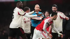 Gabriel Martinelli’s clash with Conor Bradley angered Liverpool’s players (John Walton/PA)