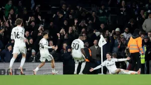Harry Wilson (right) celebrates scoring Fulham’s later winner (Steven Paston/PA)