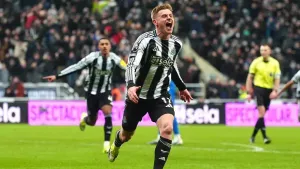Harvey Barnes celebrates his last-gasp winner (Owen Humphreys/PA)