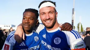 Paul Dawson, right, and Isaac Buckley-Ricketts, left, celebrate the win over Crystal Palace (Martin Rickett/PA)