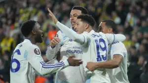 Jadon Sancho (second right) was on target as Aston Villa booked their spot in the top eight of the Europa League (Francisco 