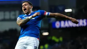 Rangers’ James Tavernier celebrates his goal against Dundee (Andrew Milligan/PA)