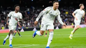 Real Madrid forward Kylian Mbappe celebrates after scoring the opening goal against Levante (Jose Breton/AP)