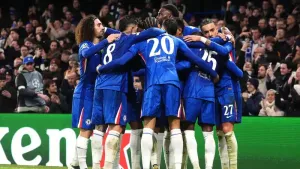 Chelsea celebrate Moises Caicedo’s (hidden) winner (Adam Davy/PA)