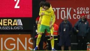 Jovon Makama celebrates his winner for Norwich in their 2-1 victory at Wrexham (Cody Frogatt/PA)