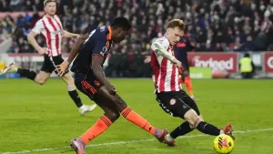 Taiwo Awoniyi scores Forest’s second goal at Brentford (Nick Potts/PA)