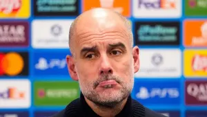 Manchester City coach Pep Guardiola attends a press conference after the Champions League soccer match between Bodo/Glimt an