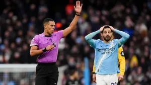Referee Farai Hallam makes decided not to give a penalty (Martin Rickett/PA)