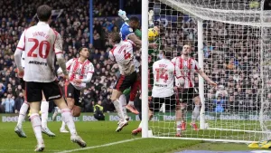 Ebou Adams scores Portsmouth’s equaliser (Andrew Matthews/PA)