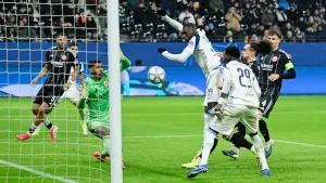 Randal Kolo Muani scores in Tottenham’s 2-0 victory at Eintracht Frankfurt (PA Wire via DPA)