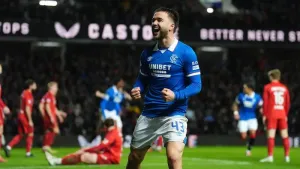 Rangers’ Nico Raskin celebrates scoring against Aberdeen (Andrew Milligan/PA)