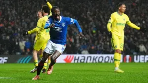 Rangers’ Mohamed Diomande celebrates scoring winner against Ludogorets (Andrew Milligan/PA)
