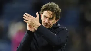 Thomas Frank applauds Tottenham fans at Burnley despite the chants of ‘you’re getting sacked in the morning’ (Nick Potts/PA)