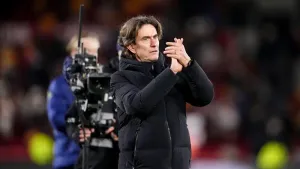 Tottenham manager Thomas Frank applauds the fans (Adam Davy/PA)
