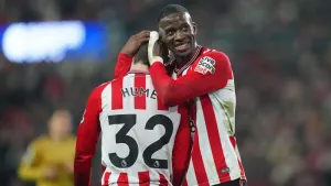 Sunderland’s Nordi Mukiele (right) and Trai Hume hug at the final whistle (Owen Humphreys/PA)