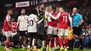 Liverpool players take aim at Gabriel Martinelli (John Walton/PA)
