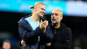 Pep Guardiola (right) believes Erling Haaland is the best striker in the world (Martin Rickett/PA)