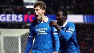 Andreas Skov Olsen celebrates scoring (Robert Perry/PA)