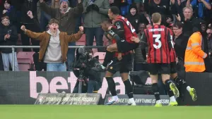 Rayan (left) celebrates with Eli Junior Kroupi after scoring his first goal for Bournemouth (Peter Tarry/PA)
